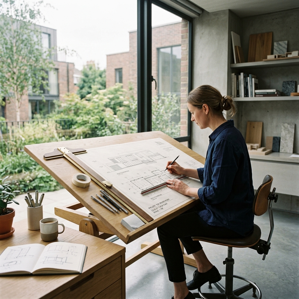 Architect drawing blueprints at drawing table